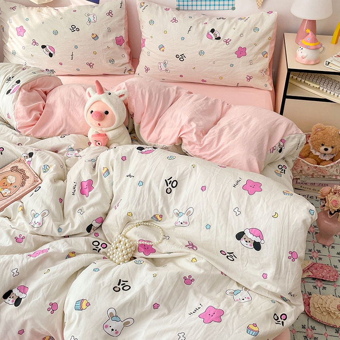 91家纺网 家纺一手货源 找家纺 梦卓家纺 2025新款超柔水洗棉印花双层纱卡通小清新四件套 卡哇伊