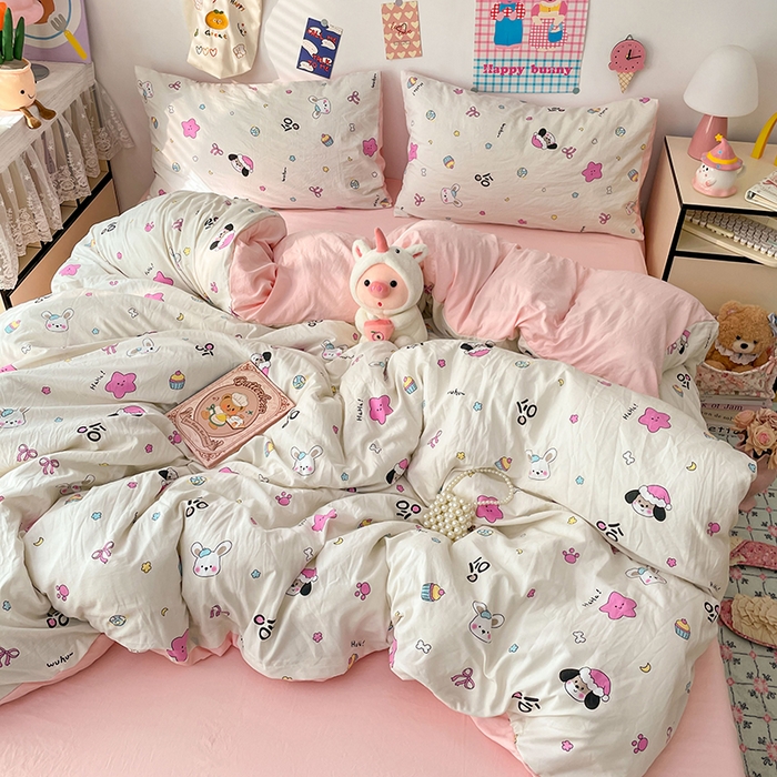 91家纺网 家纺一手货源 找家纺 梦卓家纺 2025新款超柔水洗棉印花双层纱卡通小清新四件套 卡哇伊