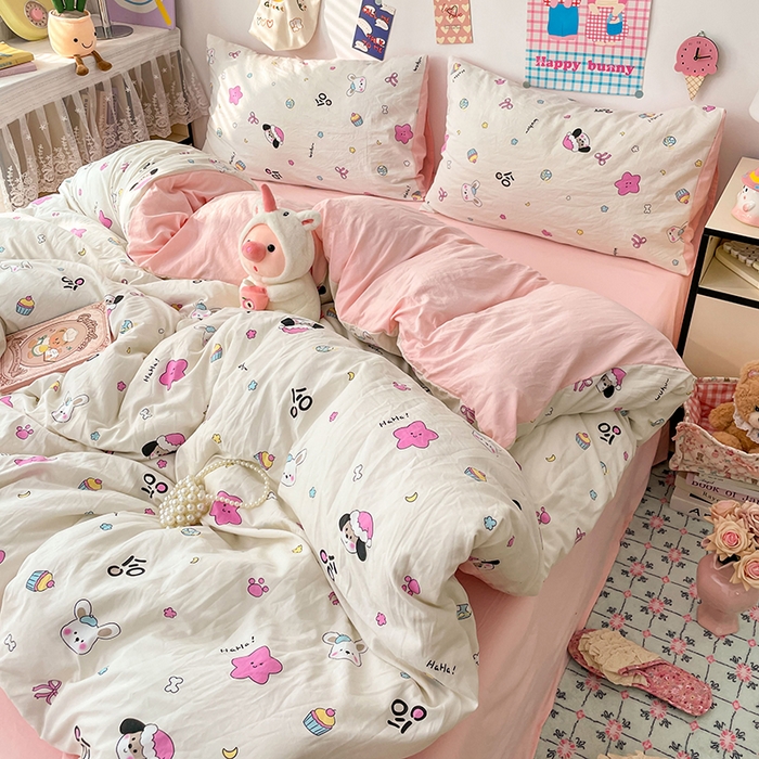 91家纺网 家纺一手货源 找家纺 梦卓家纺 2025新款超柔水洗棉印花双层纱卡通小清新四件套 卡哇伊