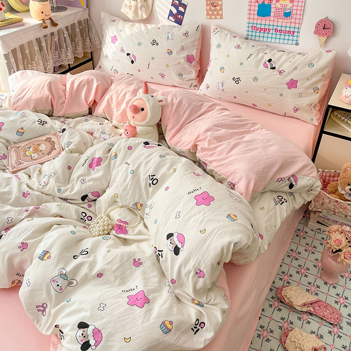 91家纺网 家纺一手货源 找家纺 梦卓家纺 2025新款超柔水洗棉印花双层纱卡通小清新四件套 卡哇伊