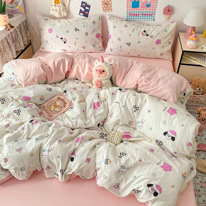 91家纺网 家纺一手货源 找家纺 梦卓家纺 2025新款超柔水洗棉印花双层纱卡通小清新四件套 卡哇伊