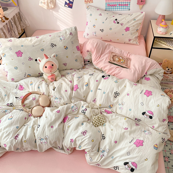 91家纺网 家纺一手货源 找家纺 梦卓家纺 2025新款超柔水洗棉印花双层纱卡通小清新四件套 卡哇伊