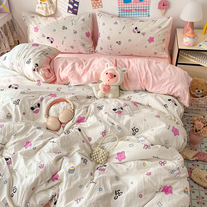 91家纺网 家纺一手货源 找家纺 梦卓家纺 2025新款超柔水洗棉印花双层纱卡通小清新四件套 卡哇伊