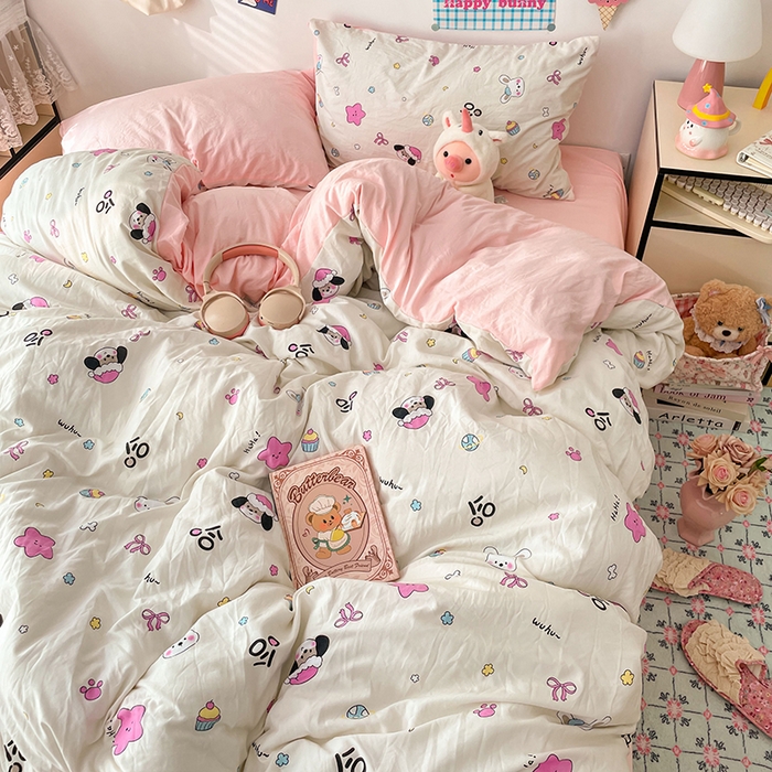 91家纺网 家纺一手货源 找家纺 梦卓家纺 2025新款超柔水洗棉印花双层纱卡通小清新四件套 卡哇伊