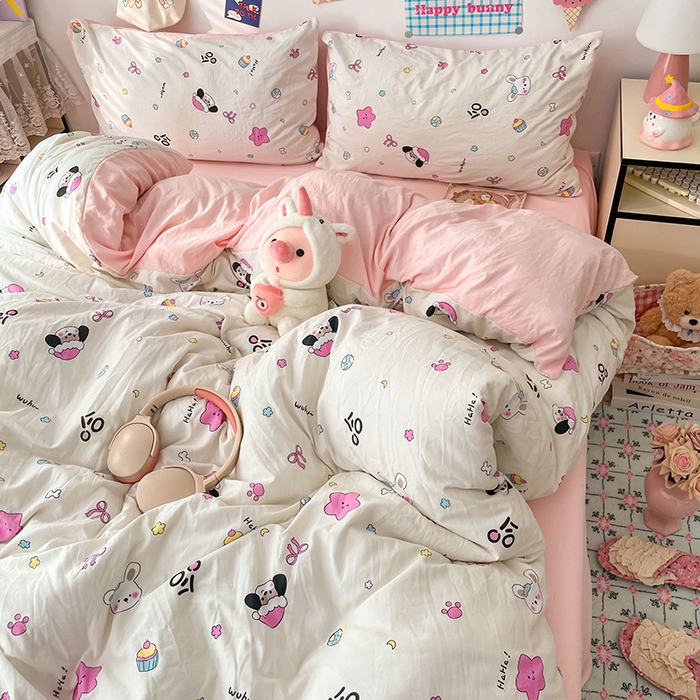 91家纺网 家纺一手货源 找家纺 梦卓家纺 2025新款超柔水洗棉印花双层纱卡通小清新四件套 卡哇伊