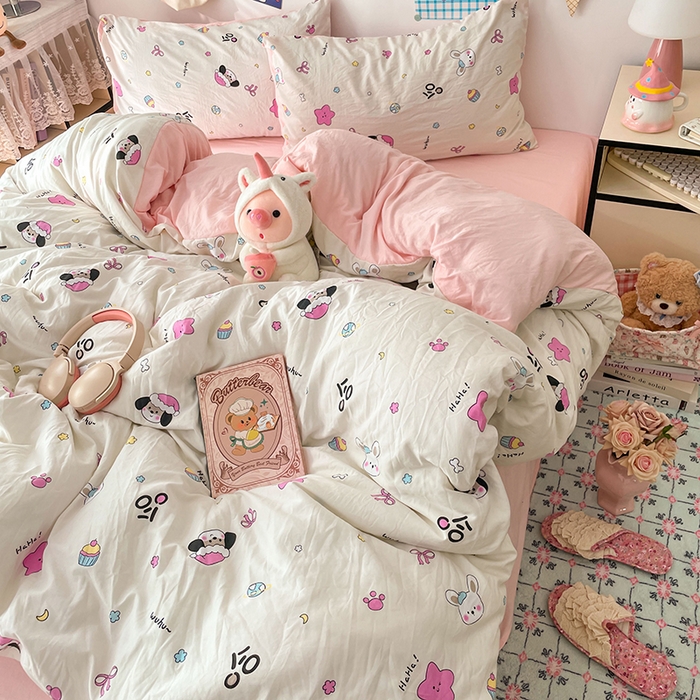 91家纺网 家纺一手货源 找家纺 梦卓家纺 2025新款超柔水洗棉印花双层纱卡通小清新四件套 卡哇伊