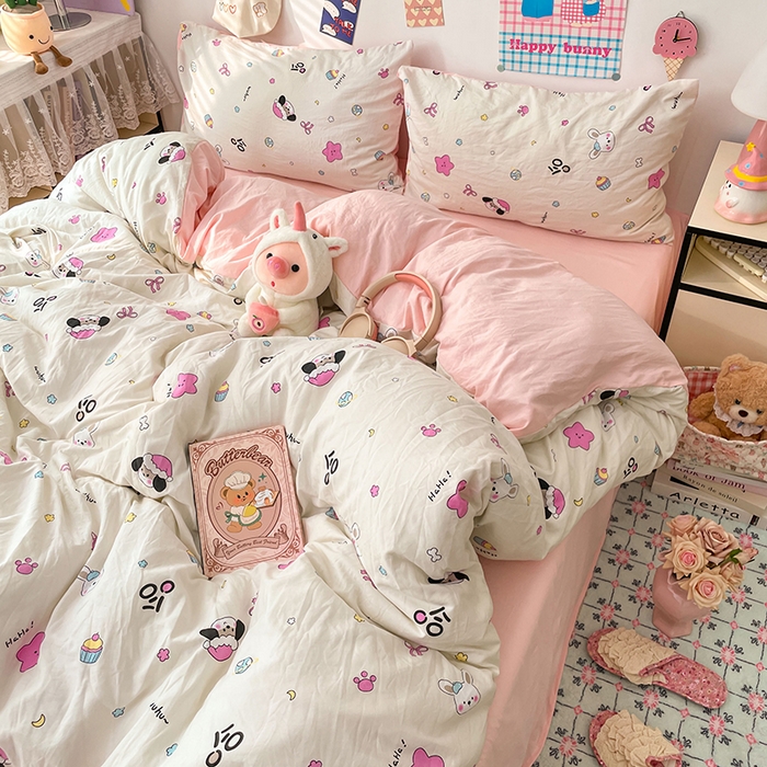 91家纺网 家纺一手货源 找家纺 梦卓家纺 2025新款超柔水洗棉印花双层纱卡通小清新四件套 卡哇伊