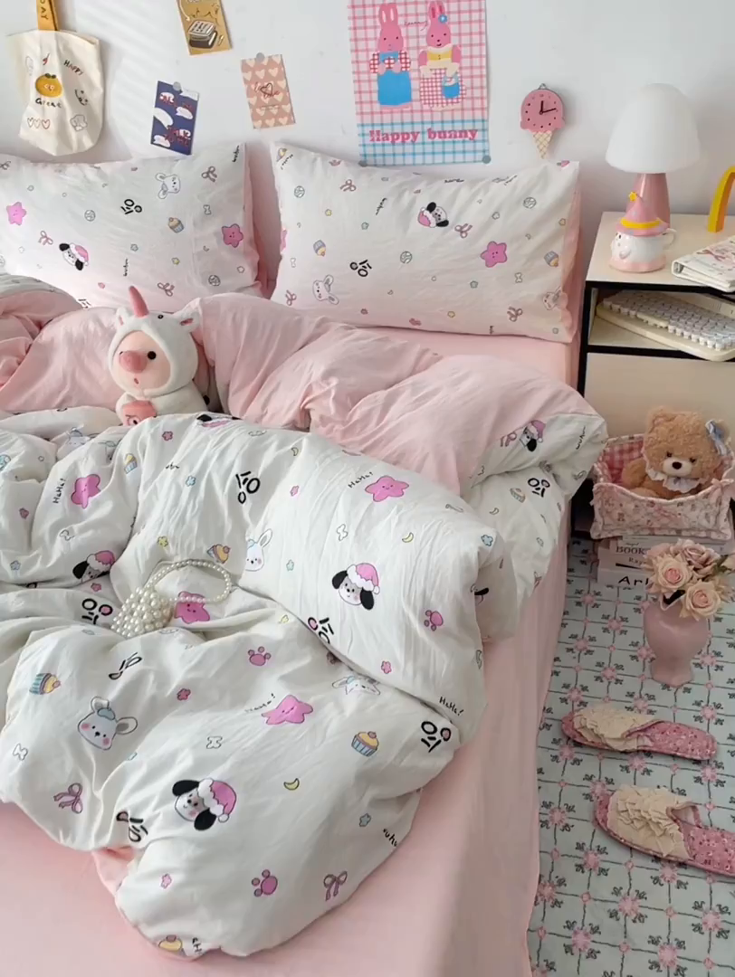 91家纺网 家纺一手货源 找家纺 梦卓家纺 2025新款超柔水洗棉印花双层纱卡通小清新四件套 卡哇伊