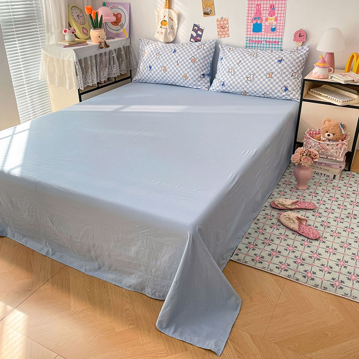 91家纺网 家纺一手货源 找家纺 梦卓家纺 2025新款超柔水洗棉印花双层纱卡通小清新四件套 蓝格汪