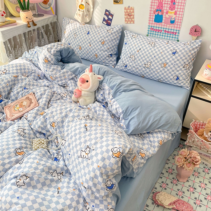 91家纺网 家纺一手货源 找家纺 梦卓家纺 2025新款超柔水洗棉印花双层纱卡通小清新四件套 蓝格汪