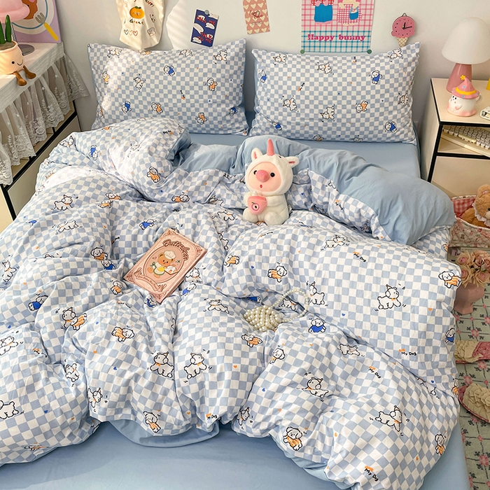 91家纺网 家纺一手货源 找家纺 梦卓家纺 2025新款超柔水洗棉印花双层纱卡通小清新四件套 蓝格汪