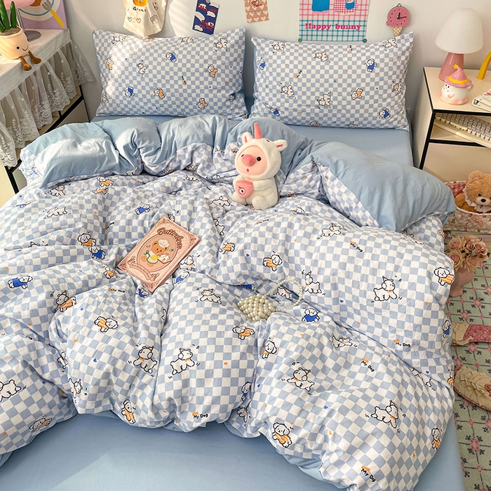 91家纺网 家纺一手货源 找家纺 梦卓家纺 2025新款超柔水洗棉印花双层纱卡通小清新四件套 蓝格汪