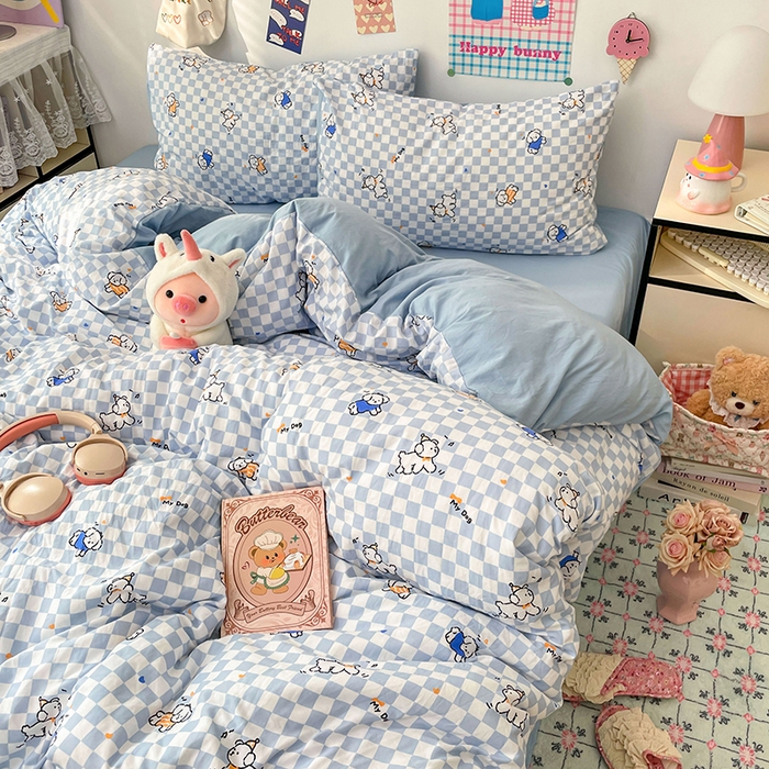 91家纺网 家纺一手货源 找家纺 梦卓家纺 2025新款超柔水洗棉印花双层纱卡通小清新四件套 蓝格汪