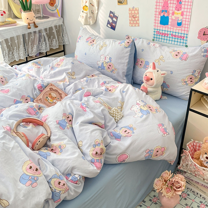 梦卓家纺 2025新款超柔水洗棉印花双层纱卡通小清新四件套 木马小布