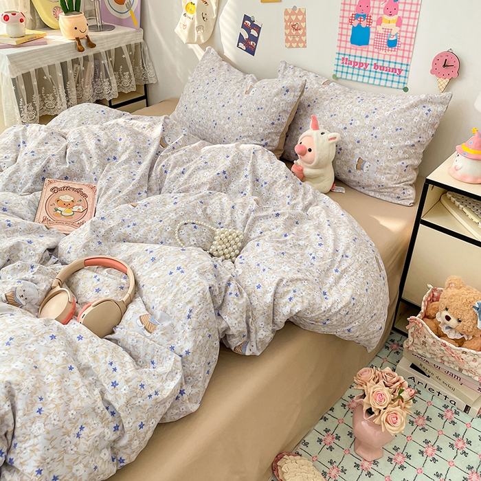 梦卓家纺 2025新款超柔水洗棉印花双层纱卡通小清新四件套 碎花兔兔