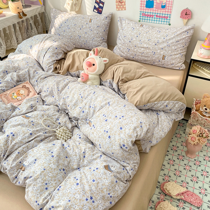 91家纺网 家纺一手货源 找家纺 梦卓家纺 2025新款超柔水洗棉印花双层纱卡通小清新四件套 碎花兔兔