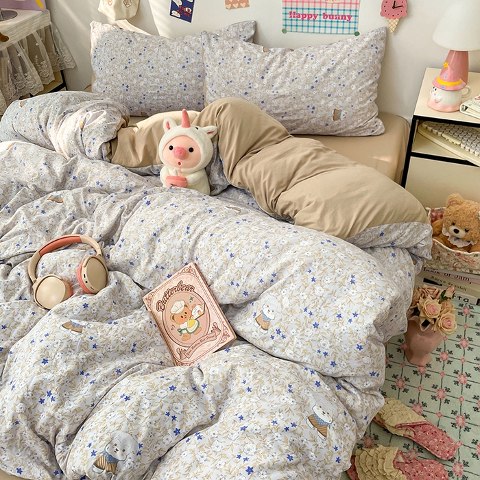 91家纺网 家纺一手货源 找家纺 梦卓家纺 2025新款超柔水洗棉印花双层纱卡通小清新四件套 碎花兔兔