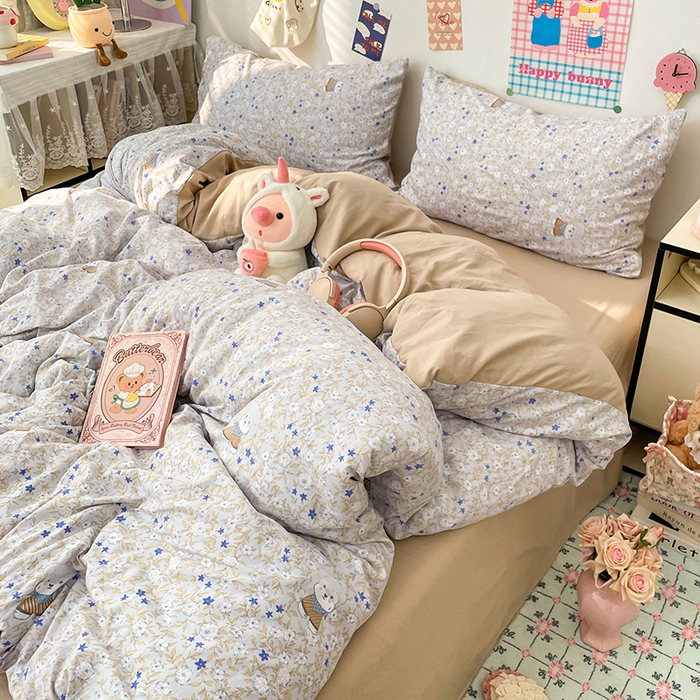 91家纺网 家纺一手货源 找家纺 梦卓家纺 2025新款超柔水洗棉印花双层纱卡通小清新四件套 碎花兔兔