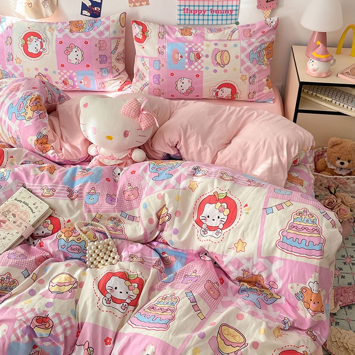 91家纺网 家纺一手货源 找家纺 梦卓家纺 2025新款超柔水洗棉印花双层纱卡通小清新四件套 糖果甜品屋