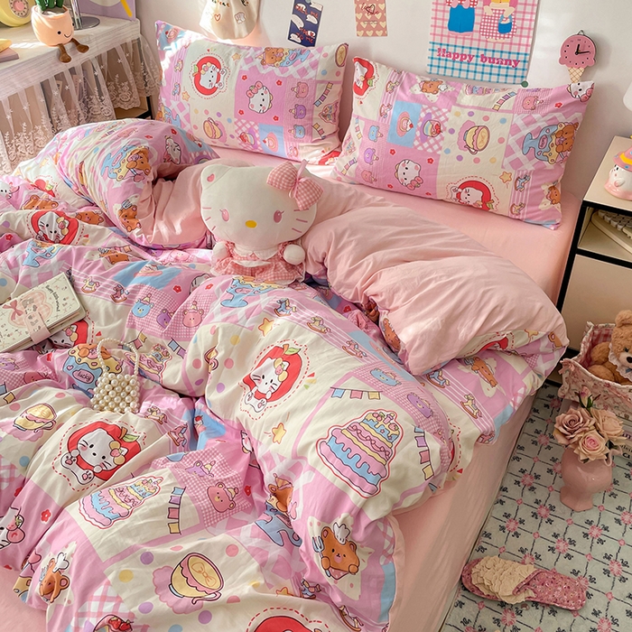 91家纺网 家纺一手货源 找家纺 梦卓家纺 2025新款超柔水洗棉印花双层纱卡通小清新四件套 糖果甜品屋