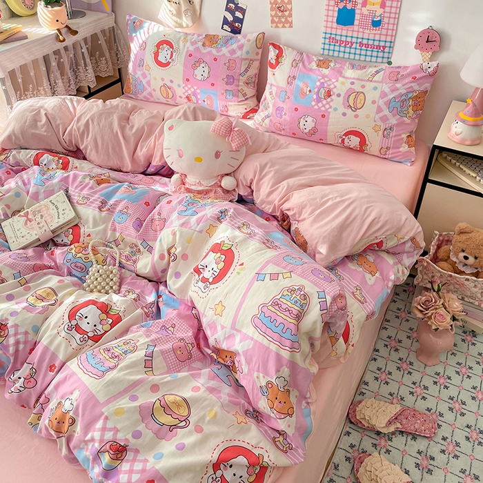 91家纺网 家纺一手货源 找家纺 梦卓家纺 2025新款超柔水洗棉印花双层纱卡通小清新四件套 糖果甜品屋