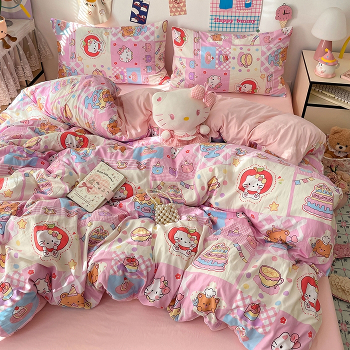 91家纺网 家纺一手货源 找家纺 梦卓家纺 2025新款超柔水洗棉印花双层纱卡通小清新四件套 糖果甜品屋