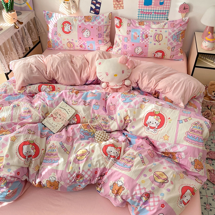 91家纺网 家纺一手货源 找家纺 梦卓家纺 2025新款超柔水洗棉印花双层纱卡通小清新四件套 糖果甜品屋