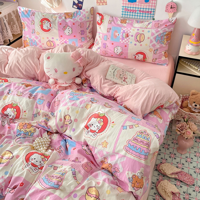 91家纺网 家纺一手货源 找家纺 梦卓家纺 2025新款超柔水洗棉印花双层纱卡通小清新四件套 糖果甜品屋