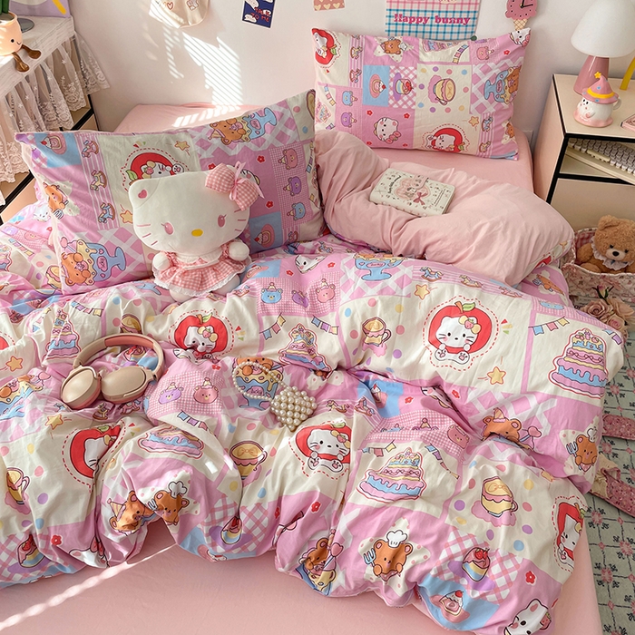 91家纺网 家纺一手货源 找家纺 梦卓家纺 2025新款超柔水洗棉印花双层纱卡通小清新四件套 糖果甜品屋