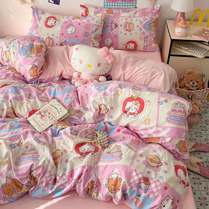 91家纺网 家纺一手货源 找家纺 梦卓家纺 2025新款超柔水洗棉印花双层纱卡通小清新四件套 糖果甜品屋