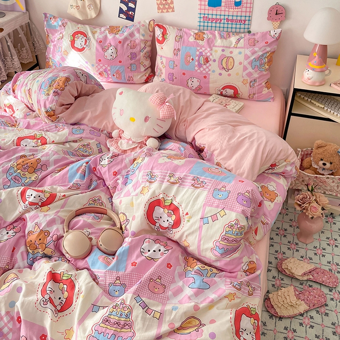 91家纺网 家纺一手货源 找家纺 梦卓家纺 2025新款超柔水洗棉印花双层纱卡通小清新四件套 糖果甜品屋