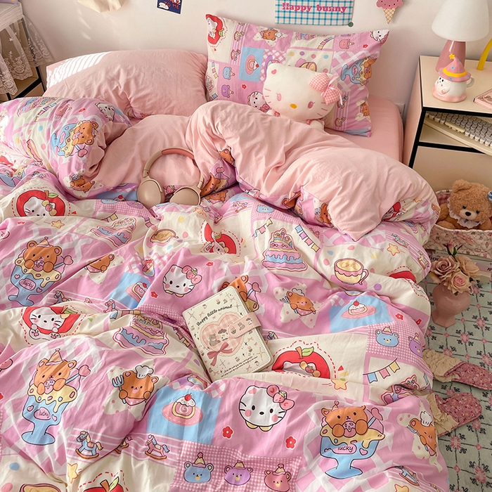 91家纺网 家纺一手货源 找家纺 梦卓家纺 2025新款超柔水洗棉印花双层纱卡通小清新四件套 糖果甜品屋