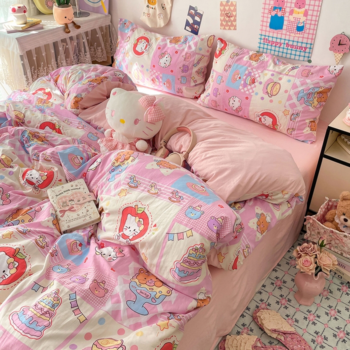 91家纺网 家纺一手货源 找家纺 梦卓家纺 2025新款超柔水洗棉印花双层纱卡通小清新四件套 糖果甜品屋