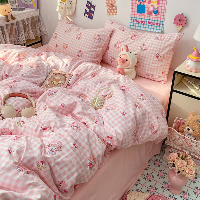 梦卓家纺 2025新款超柔水洗棉印花双层纱卡通小清新四件套 甜心美乐蒂