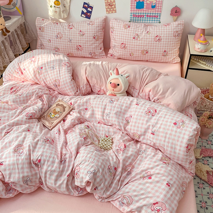 91家纺网 家纺一手货源 找家纺 梦卓家纺 2025新款超柔水洗棉印花双层纱卡通小清新四件套 甜心美乐蒂