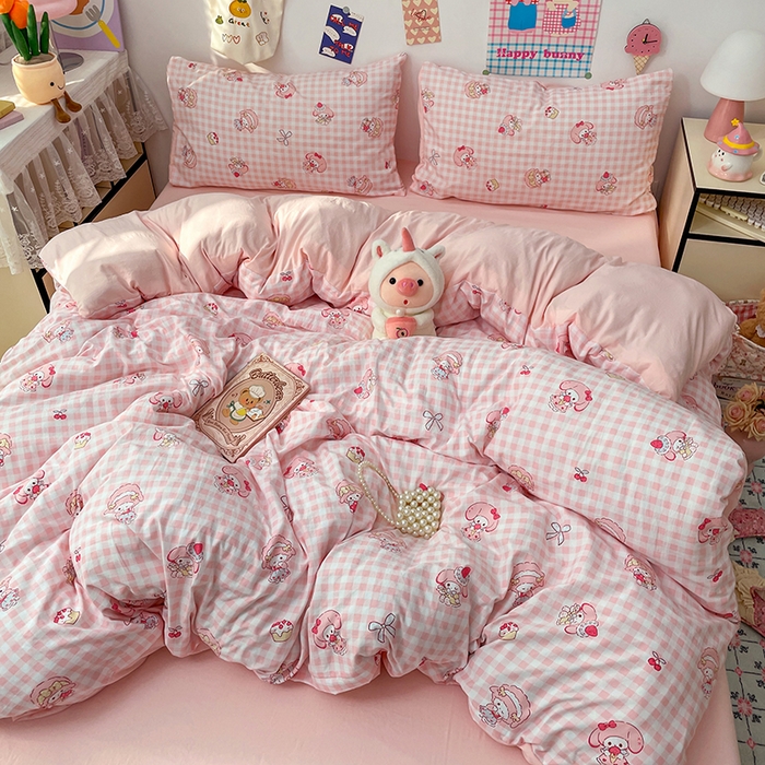 91家纺网 家纺一手货源 找家纺 梦卓家纺 2025新款超柔水洗棉印花双层纱卡通小清新四件套 甜心美乐蒂