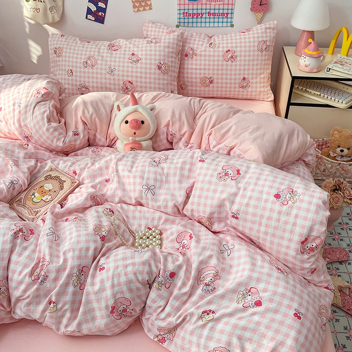 91家纺网 家纺一手货源 找家纺 梦卓家纺 2025新款超柔水洗棉印花双层纱卡通小清新四件套 甜心美乐蒂