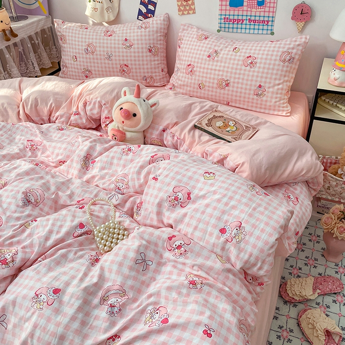 91家纺网 家纺一手货源 找家纺 梦卓家纺 2025新款超柔水洗棉印花双层纱卡通小清新四件套 甜心美乐蒂