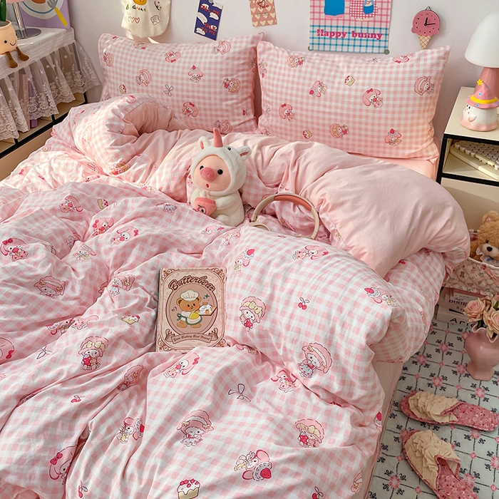 91家纺网 家纺一手货源 找家纺 梦卓家纺 2025新款超柔水洗棉印花双层纱卡通小清新四件套 甜心美乐蒂