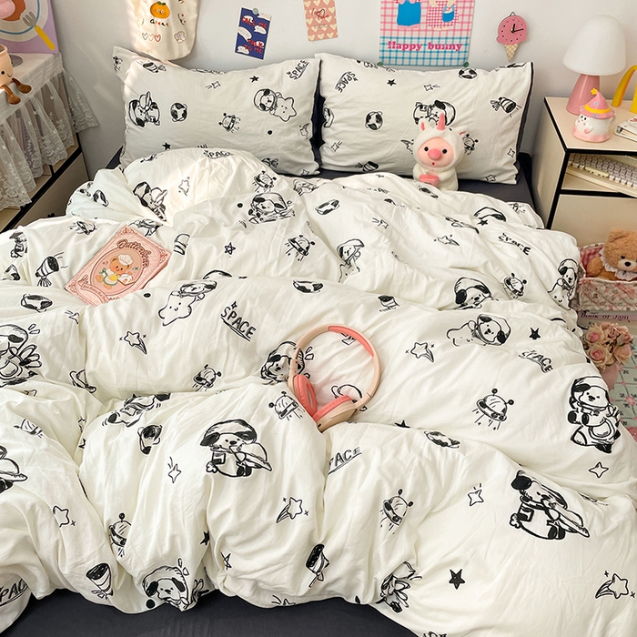 91家纺网 家纺一手货源 找家纺 梦卓家纺 2025新款超柔水洗棉印花双层纱卡通小清新四件套 宇宙太空人