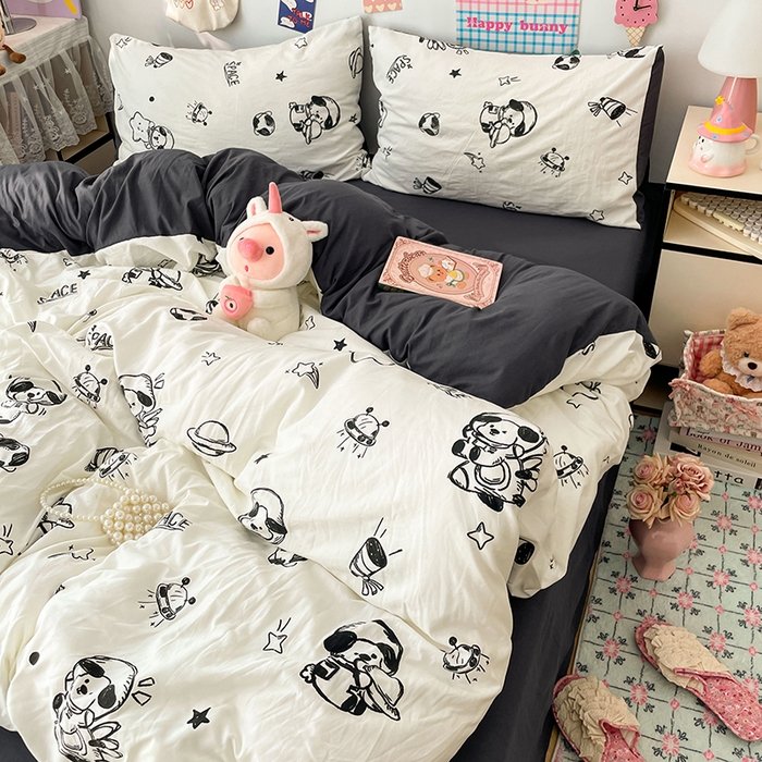 91家纺网 家纺一手货源 找家纺 梦卓家纺 2025新款超柔水洗棉印花双层纱卡通小清新四件套 宇宙太空人