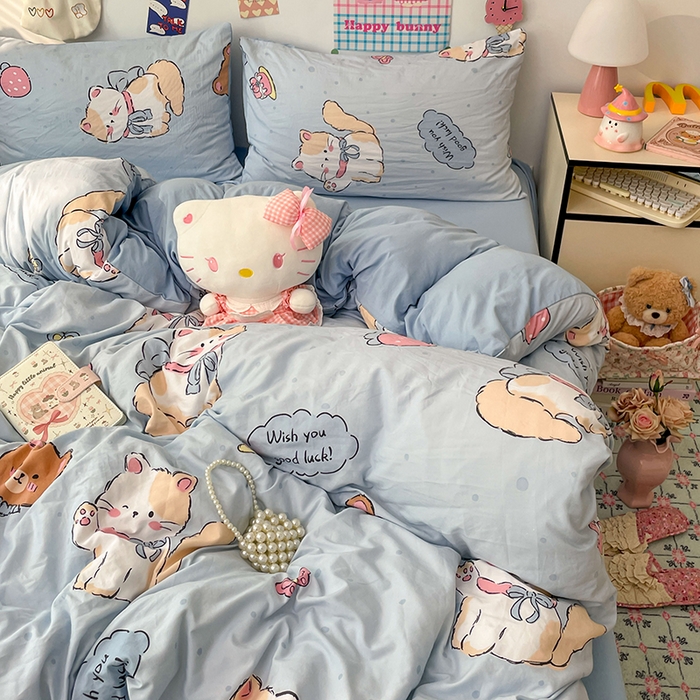 91家纺网 家纺一手货源 找家纺 梦卓家纺 2025新款超柔水洗棉印花双层纱卡通小清新四件套 招财猫