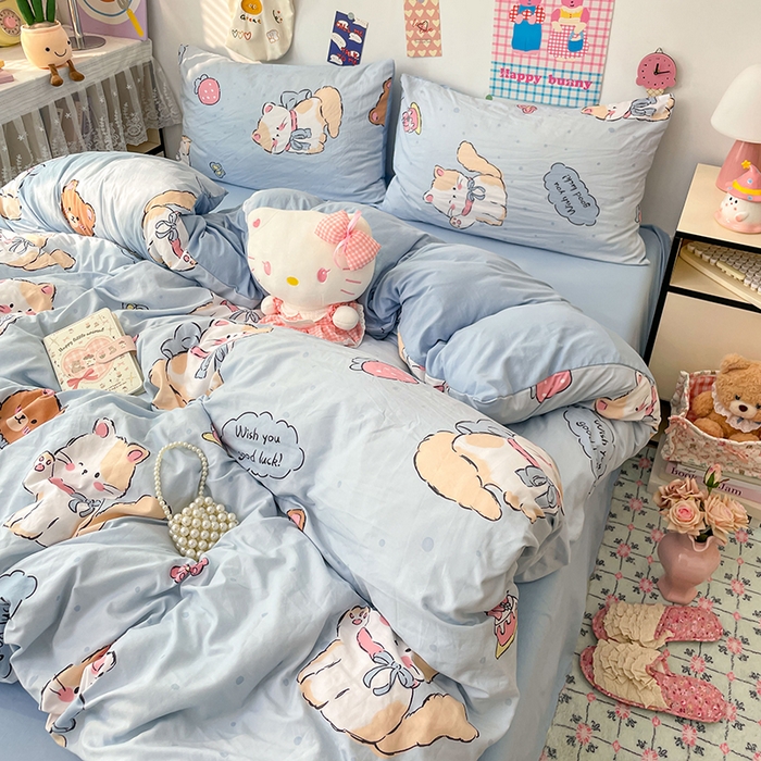 91家纺网 家纺一手货源 找家纺 梦卓家纺 2025新款超柔水洗棉印花双层纱卡通小清新四件套 招财猫