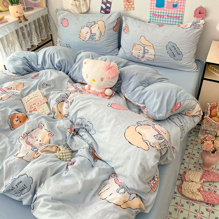 91家纺网 家纺一手货源 找家纺 梦卓家纺 2025新款超柔水洗棉印花双层纱卡通小清新四件套 招财猫