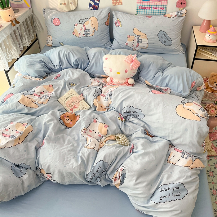 91家纺网 家纺一手货源 找家纺 梦卓家纺 2025新款超柔水洗棉印花双层纱卡通小清新四件套 招财猫