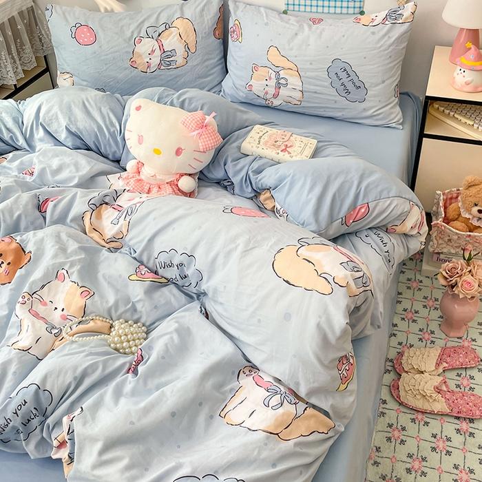 91家纺网 家纺一手货源 找家纺 梦卓家纺 2025新款超柔水洗棉印花双层纱卡通小清新四件套 招财猫