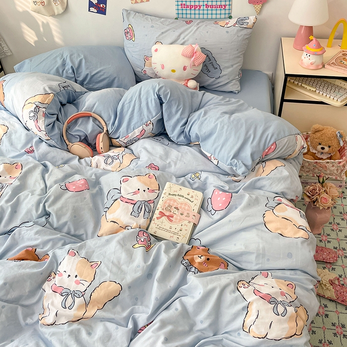 91家纺网 家纺一手货源 找家纺 梦卓家纺 2025新款超柔水洗棉印花双层纱卡通小清新四件套 招财猫