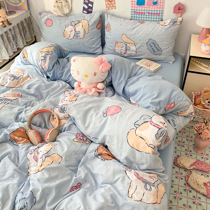 91家纺网 家纺一手货源 找家纺 梦卓家纺 2025新款超柔水洗棉印花双层纱卡通小清新四件套 招财猫