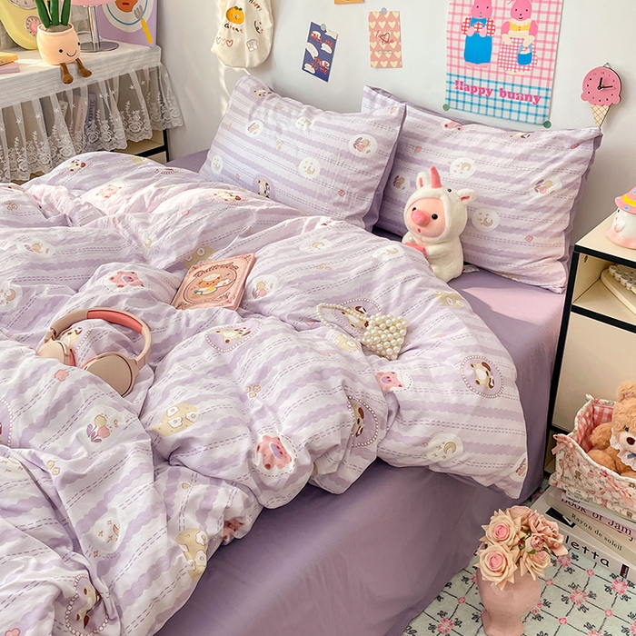 梦卓家纺 2025新款超柔水洗棉印花双层纱卡通小清新四件套 珍珠小熊