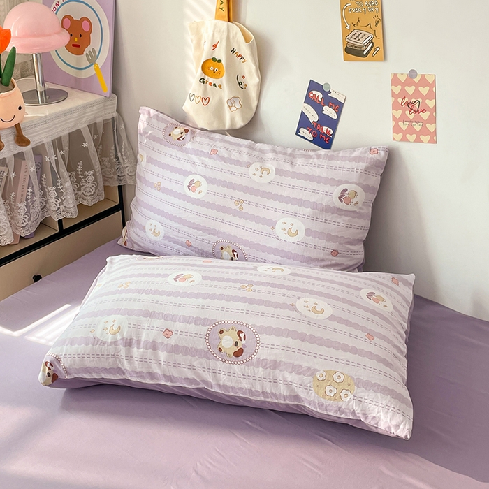 91家纺网 家纺一手货源 找家纺 梦卓家纺 2025新款超柔水洗棉印花双层纱卡通小清新四件套 珍珠小熊